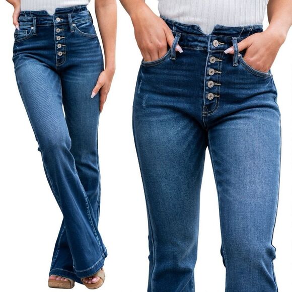 Kancan High Rise Curvy Dark Wash Button Fly Flare NWT - Picture 7 of 16